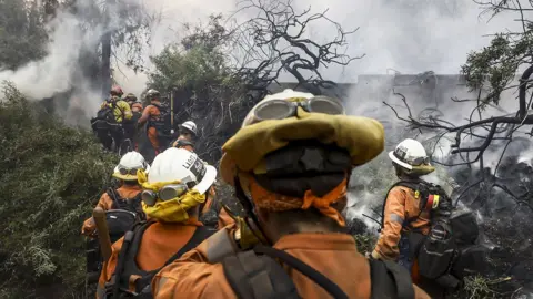 A close up view of a group of firefighters as they climb a smoky burnt hill with trees on it, in the Pacific Palisades.