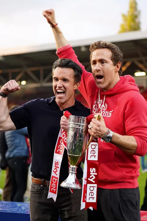 Getty Images Rob McElhenney and Ryan Reynolds, co-owners of Wrexham AFC, pose for a photo with the trophy following the club's promotion to the Sky Bet Championship. Ryan wears a red hooded jacket, has brown short hair and brown eyes and smiles away from the camera. Rob wears a navy polo shirt and smiles widely at the camera, holding his fist up in the air. They both have one hand holding the trophy. 