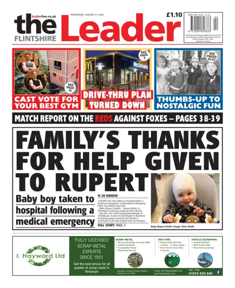 Flintshire Leader Flintshire Leader front page. Headline is: "Family's thanks for help given to Rupert". Other headlines read: Drive-thru plan turned down. 
