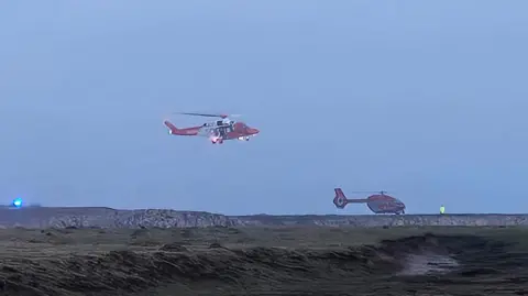 Dennis Reeves Two helicopters around a coastline