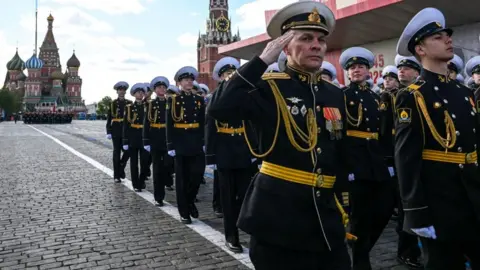 Russian service personnel march during a Victory Day parade on Moscow's Red Square. Photo: 9 May 2025