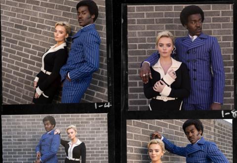 Series of 4 images of Millie Gibson and Ncuti Gatwa in their 1960s costumes for The Devil's Chord