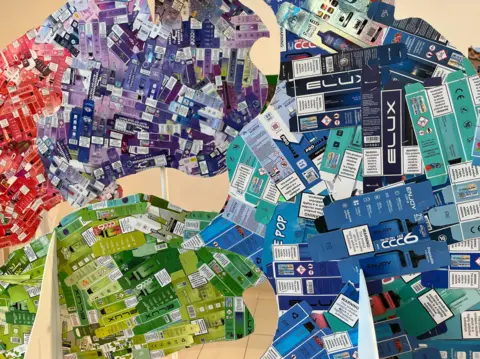 Nicola Haseler/BBC Part of the sculpture made out of colourful vape packaging.