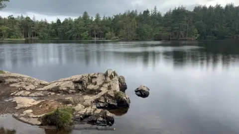 A large rock juts out into the water of High Dam, which is dark on a cloudy day, with trees covering the bank on the far side.