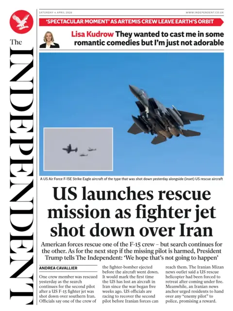 "US launches rescue mission as fighter jet shot down over Iran" reads the headline on the front page of the Independent.