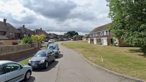 A street with trees and cars. 