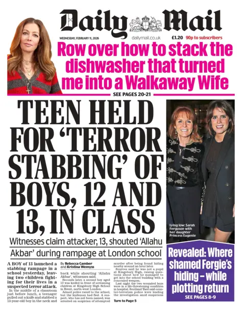 "Teen held for 'terror stabbing' of boys, 12 and 13, in class" reads the headline on the front page of the Daily Mail. 