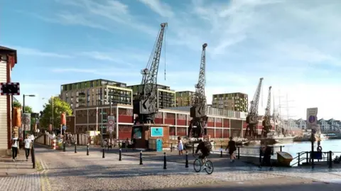 A digital image showing plans for the blocks of flats in Bristol harbour, with the iconic cranes in front of M Shed museum, with the blocks of flats looming behind