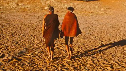 Young boys from the San community walking in a forest 
