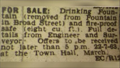 Cambs Times An advert from the 1963 edition of the Cambridgeshire Times (now the Cambs Times) detailing the sale of the drinking fountain.