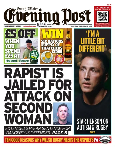 South Wales Evening Post Front page of the South Wales Evening Post. The headline reads 'rapist is jailed for attack on second woman', and inset is a mugshot of the man. Next to this is a photo of Gavin Henson with the headline "I'm a little bit different".
