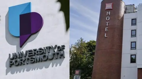 A side by side image of the university of Portsmouth logo and the Ibis hotel logo