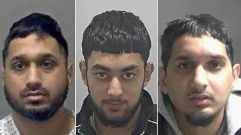 Police custody mugshots of Mohammed Safeer (left), Mohammed Hussain (centre) and Amaan Safeer.