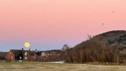TORA/WEATHER WATCHERS A yellow moon in a pink sky low over a row of houses in the distance, with a grassy hill at the side and field in the foreground 