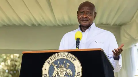 Getty Images Uganda's President Yoweri Museveni speaks during a joint press conference in 2022.