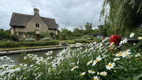 FRIDAY - A grey stone cottage sits on the banks of the canal at Iffley Lock. In the foreground there are large white and yellow flowers with an orange life-saving ring. The grey water of the canal runs between them with a willow tree overhanging. Above the sky is grey.