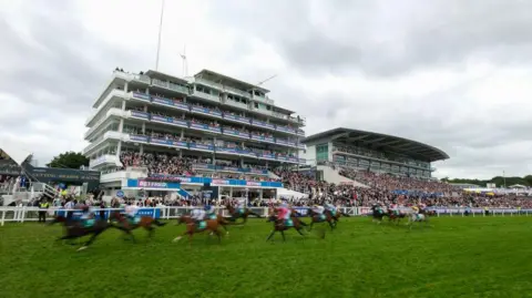 Crowds in stands at a horse racing event. A number of blurry horses are running on a grass track in the foreground.