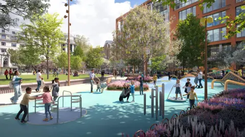 An artist's impression shows a children's play park planned for Piccadilly Gardens. It includes roundabouts and climbing frames and light blue safety flooring. 