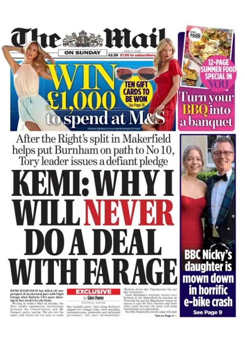 The headline on the front page of the Mail reads: "Kemi: Why I will never do a deal with Farage."