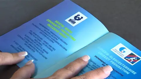 A close up picture of the booklet. It has blue pages and on each page is the logo of the organisation and a bit of information about what kind of sessions they offer.