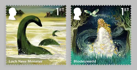 Royal Mail/PA Wire The stamp on the left depicts the Loch Ness Monster and the one on the right the woman conjured from flowers, Blodeuwedd, from Welsh mythology