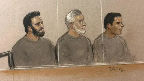 A court sketch of three men sitting in court
