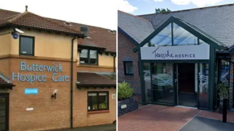 A composite image of the two building. On the left, Butterwick Hospice is a two-storey building, brick on the ground floor, beige cladding on the upper, and has gable windows. It is set at a right angle, with a glassed front door to the right, and an area of shrubs in the middle. A sign identifies it as Butterwick Hospice Care. On the right, a green metal and glass door is placed on the front of the single storey brick building. A purple and white sign above reads: "Teesside Hospice".
