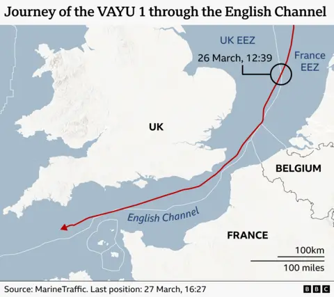 27 on the 27 March. A red line shows its route around the Channel