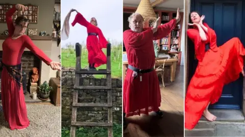 Clare Shaw/Supplied Four people in red outfits in Kate Bush-esque poses.