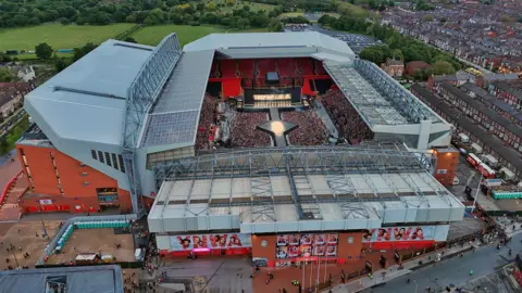 PA Media Anfield Stadium, Liverpool with Taylor Swift crowds, an aerial shot