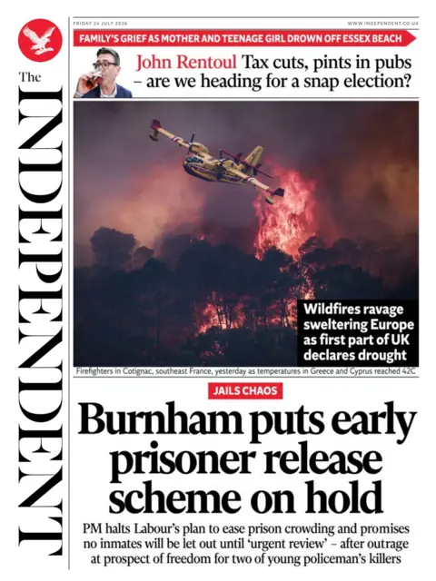 The headline on the front page of the Independent reads: “Burnham puts early prisoner release scheme on hold”.