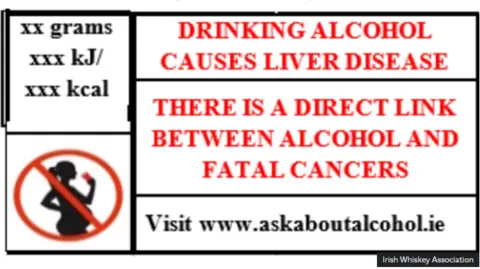 Irish Whiskey Association Warning label suggesting alcohol causes liver disease and cancer