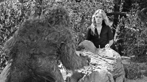 Getty Images Black and white still image from The Bionic Woman "The Return of Bigfoot, Part II" - Season Two - 9/22/76. Jaime (Lindsay Wagner) is pictured standing behind a large rock which separates her and the Bigfoot. She has blonde long hair, blue eyes and stares at the Bigfoot. In the forefront the back of the large hairy ape like creature of the Bigfoot can be seen. 