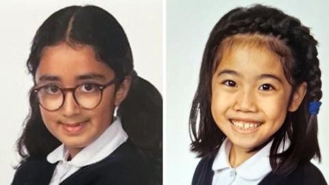 School photo images of Nuria Sajjad, left, and Selena Lau - Nuria has glasses and her long dark hair in bunches; Selena is smiling at the camera and has part of her shoulder-length dark hair in a plait