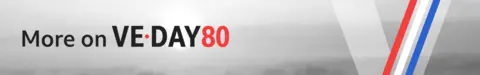 Grey banner reading "More on VE Day 80"