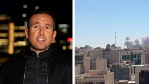 A BBC correspondent is seen in Tel Aviv at night in a composite image also showing smoke rising above Tehran