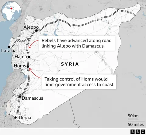 Map showing the main M5 road that runs from Aleppo in northern Syria, near the border with Turkey, through the towns of Hama and Homs, to the capital Damascus in the southwest of the country. 