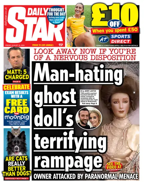 The headline in the Daily Star reads: "Man-hating ghost doll's terrifying rampage". 