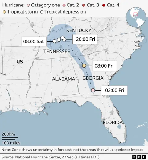 The storm's path will move through the southern U.S. starting Thursday, moving through Georgia in the early hours of Friday and north into Tennessee by Friday afternoon. The graphic shows the category changing from a Category 1 hurricane to a tropical depression by the time it reaches Kentucky 