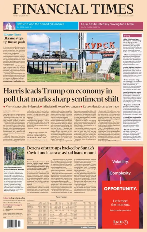 The headline in the Financial Times reads: Harris leads Trump on economy in poll that marks sharp sentiment shift