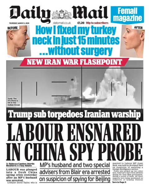 The headline on the front page of the Mail reads: “Labour ensnared in China spy probe”.