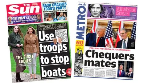 A composite image of the front pages of The Sun and Metro. "Use troops to stop boats" reads the headline of the former and "Chequers mates" reads the headline of the latter.