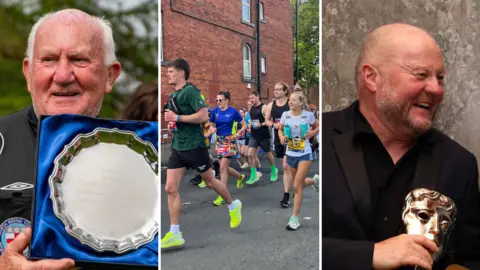 Three side-by-side images; on the left, an older man with white hair and a referee uniform holds up a large silver commemorative plate. In the middle, a mixed gender group of runners take part in an event. On the right, a man with a short grey beard and a black suit jacket and shirt holds a gold mask trophy.