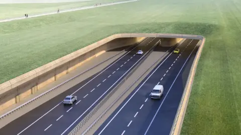 A computer-generated image of the expected Stonehenge A303 tunnel showing two-lane carriageways on each side with cars on them as they disappear underground in a grassland landscape