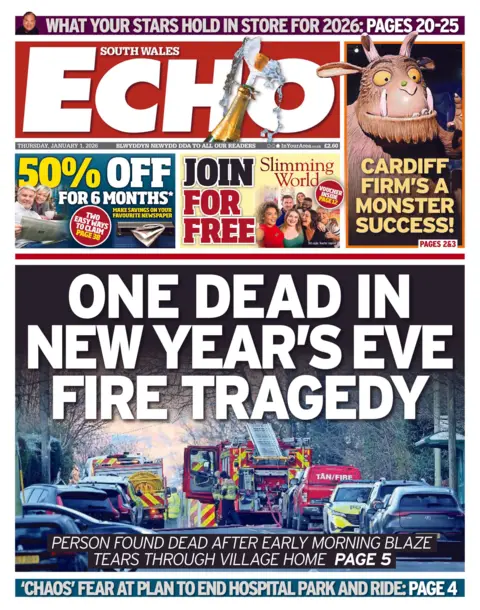 South Wales Echo Front page of the South Wales Echo. The main headline reads: 'One dead in New Year's Eve fire tradegy' with the subheadline reading: 'person found dead after early morning blaze tears through village home. Other headlines read: 'Chaos' fear at plan to end hospital park and ride. 