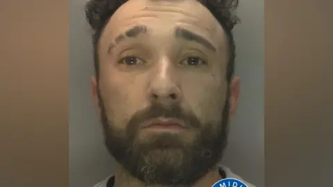 Cain Watson has a short brown beard and short, curly brown hair, as he stares at the camera in his mugshot.