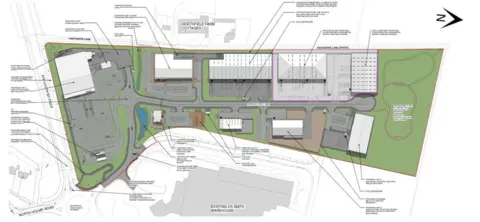 East Lindsey District Council A bird's eye plan of the retail park showing where multiple units will lie, with annotations.  