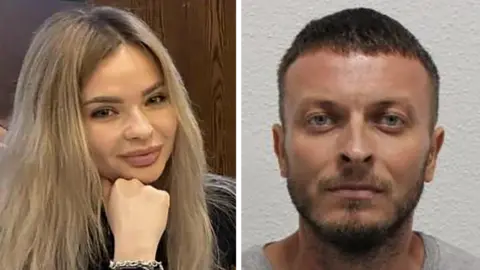 Composite image of Hoisan smiling into the camera, with blond hair and full lips to the left, and a police mug shot of Muzyka, who has short hair and is wearing a grey top to the right