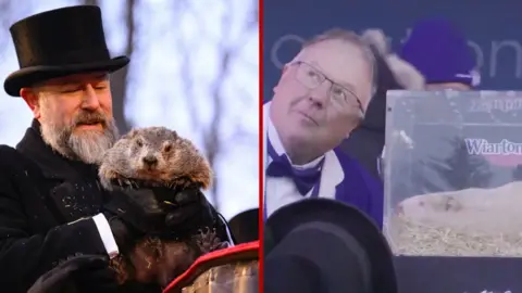 Splitscreen. Left, a suited man holds the US groundhog. Right, a Canadian and his groundhog look to the skies.