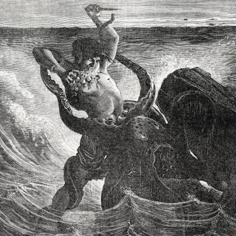 Getty Images Victorian drawing showing man about to stab a giant octopus